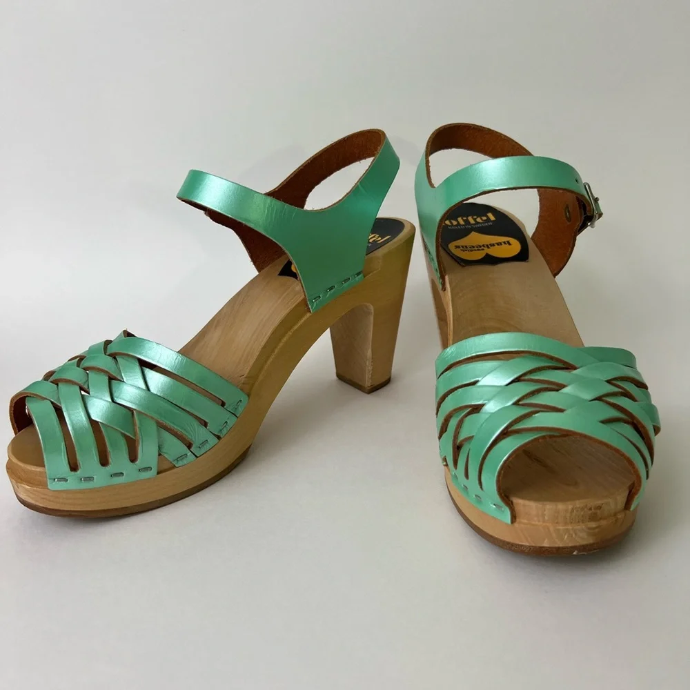 Swedish Hasbeens Mint Green Leather Platform Sandals